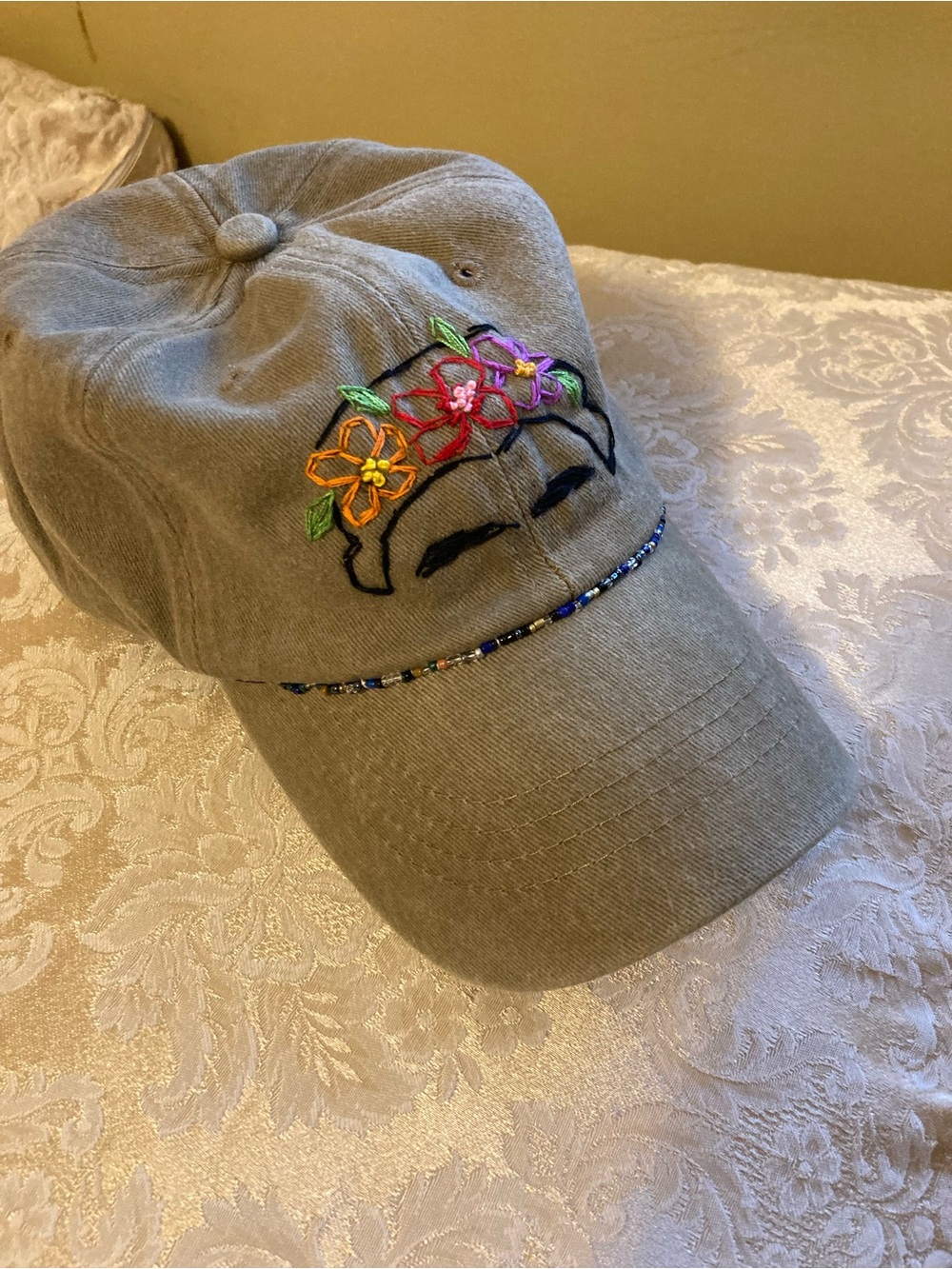 New hand embroidered Frida cap glass beads